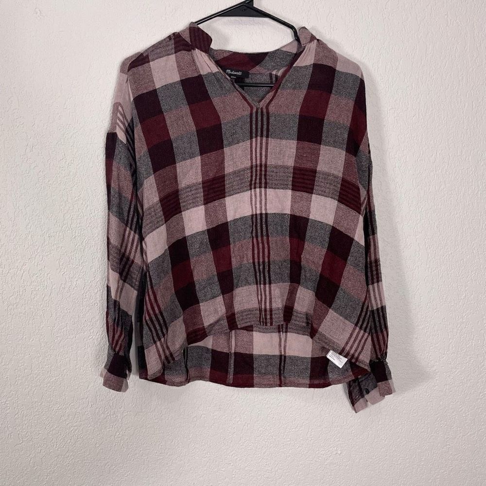 Madewell Maroon and Black Checkered Plaid Pullover‎ Long Sleeve Top Size XS